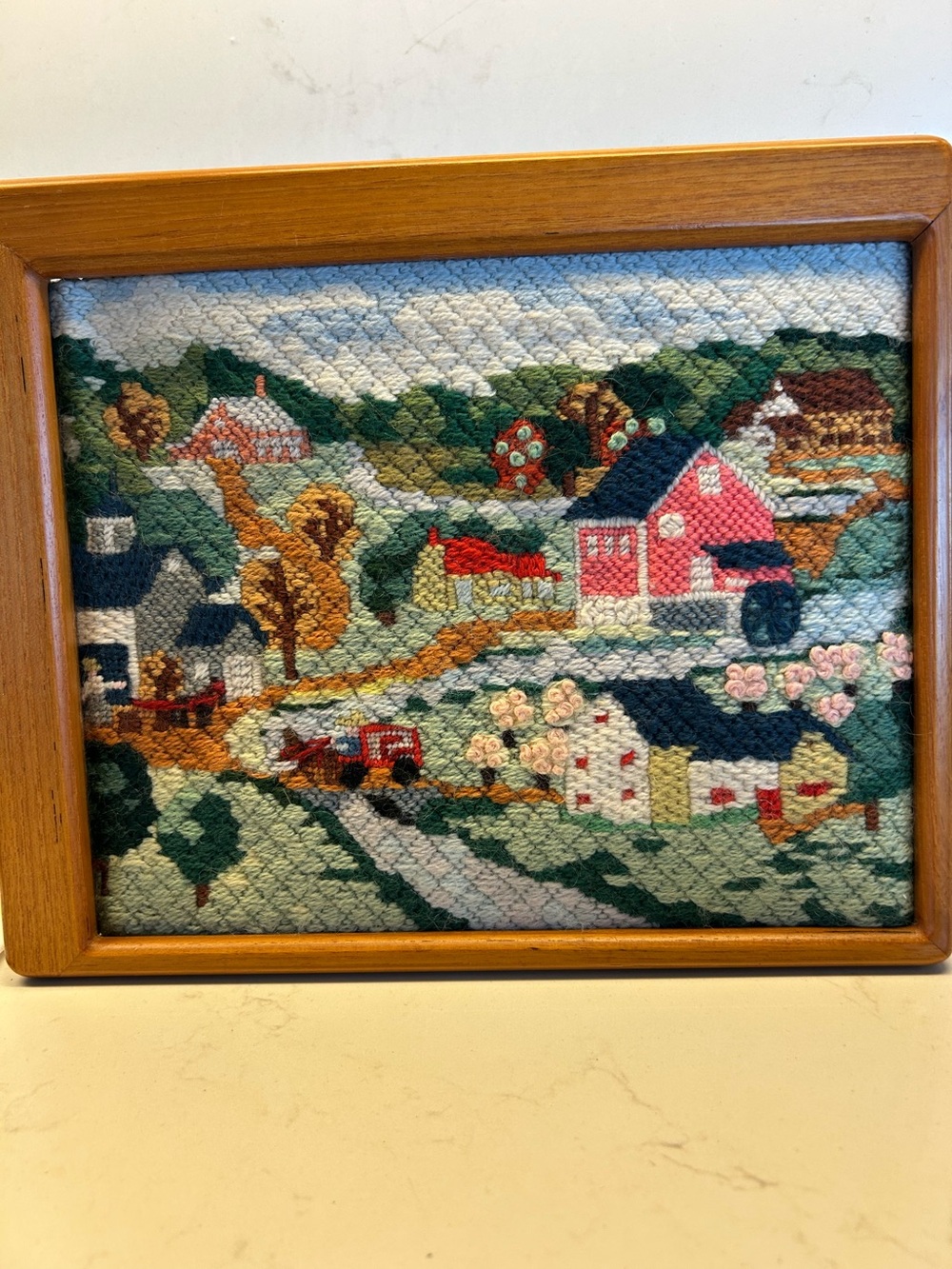 Vintage Handcrafted Hooked Rug Wall Art - Countryside Scene. Teak wood frame - Picture 2 of 12